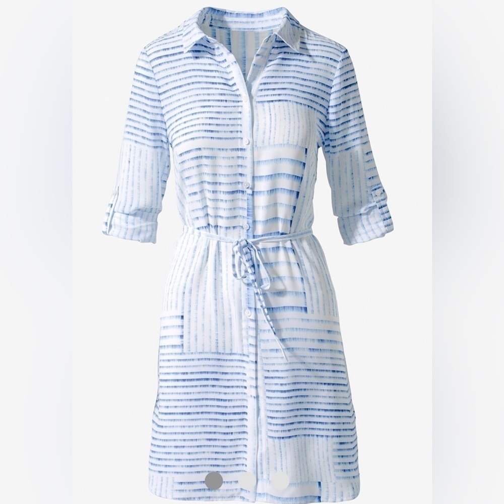 Women’s Chico’s Blurred Stripes Button-Down Long 100% Polyester Tunic Size 3